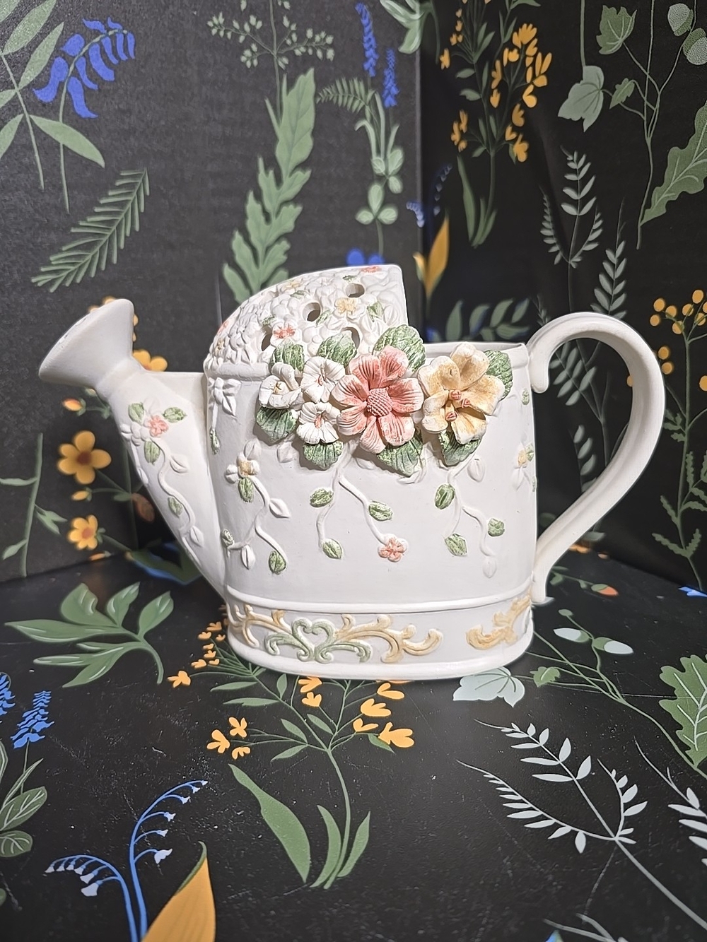 Vintage Decorative White Floral Watering Can Planter Flower Frog